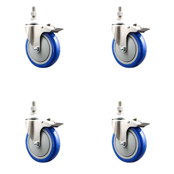 Service Caster 5 Inch 316SS Blue Polyurethane Wheel Swivel 3/8 Inch Stem Caster Set Lock Brake SS316TSTTL20S514-PPUB-BLUE-381615-4 - main